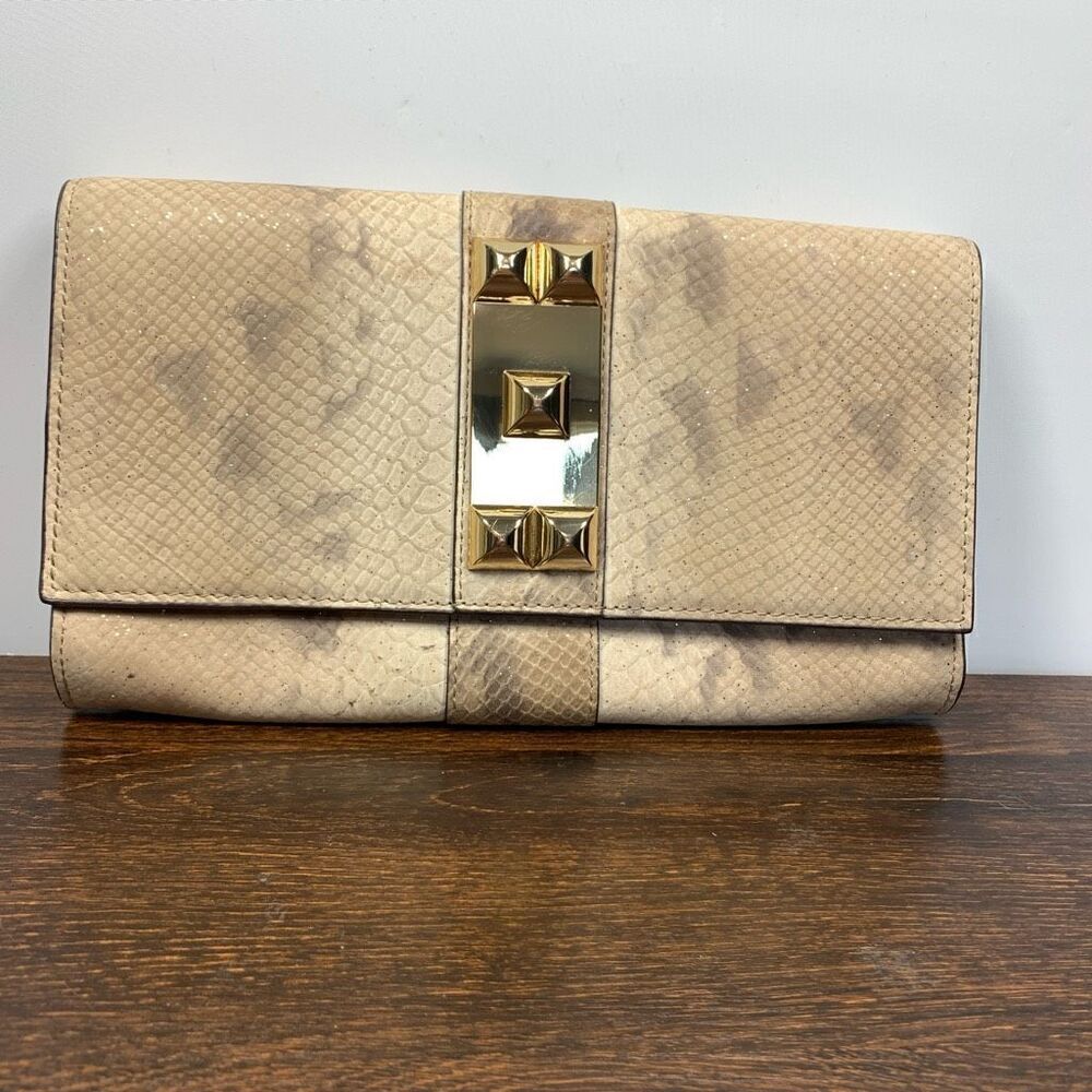 Vince Camuto leather snake print gold glitter clutch 11x6.5”